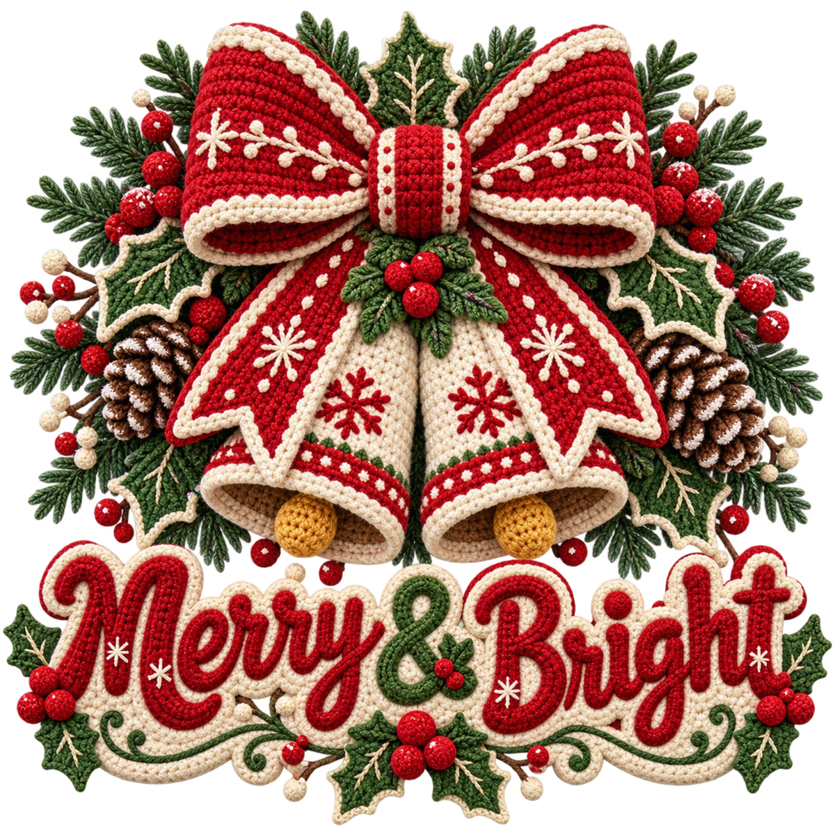 Crochet-look Christmas illustrated greeting DTF transfer, pattern XMAS1500-6
