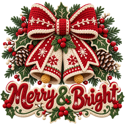 Crochet-look Christmas illustrated greeting DTF transfer, pattern XMAS1500-6
