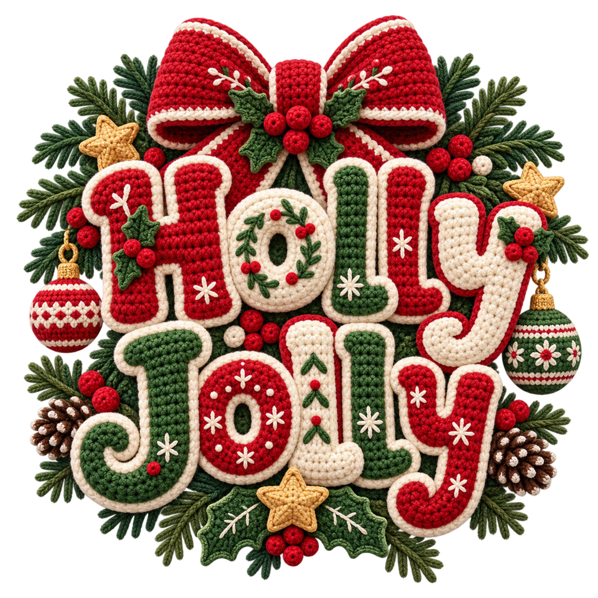 Crochet-look Christmas illustrated greeting DTF transfer, pattern XMAS1500-9