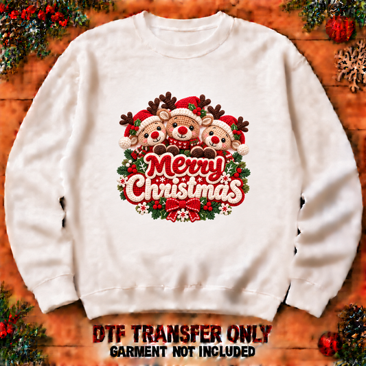 Merry Christmas reindeer trio DTF transfer shown at 12-inch longest-side scale; garment not included