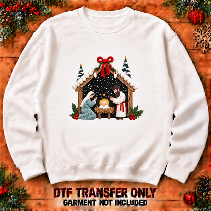 Nativity stable DTF transfer shown at 12-inch longest-side scale; garment not included