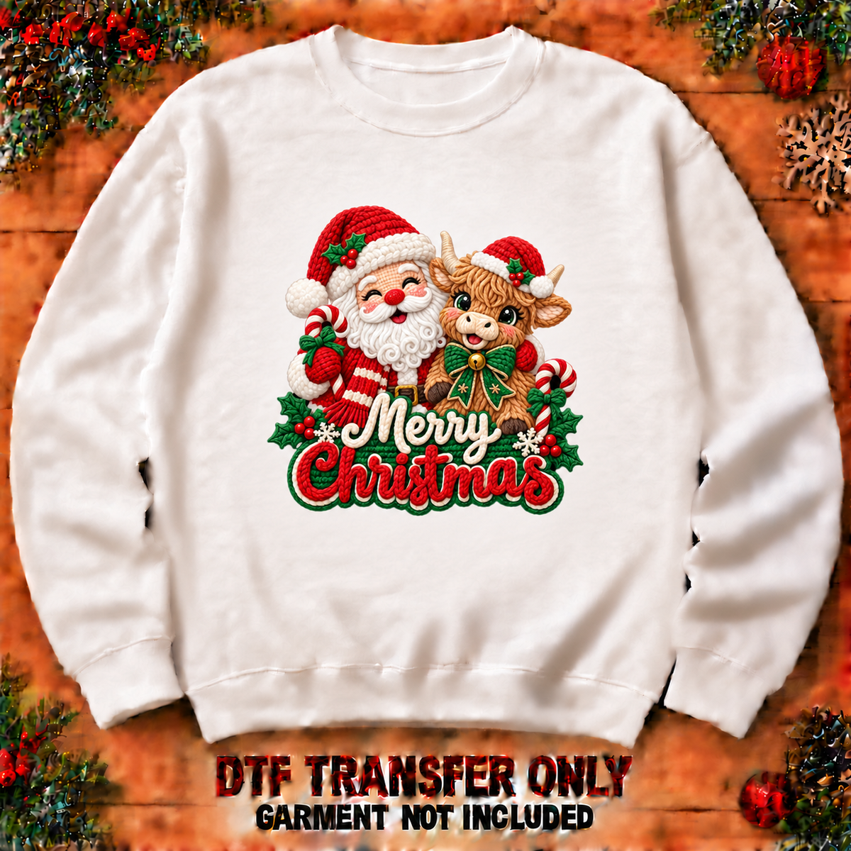 Santa and calf Merry Christmas DTF transfer shown at 12-inch longest-side scale; garment not included