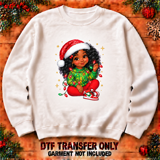 Black girl with Christmas lights DTF transfer shown at 12-inch longest-side scale; garment not included