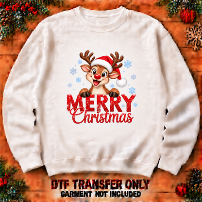 Merry Christmas reindeer DTF transfer shown at 12-inch longest-side scale; garment not included