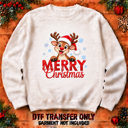 Merry Christmas reindeer DTF transfer shown at 12-inch longest-side scale; garment not included