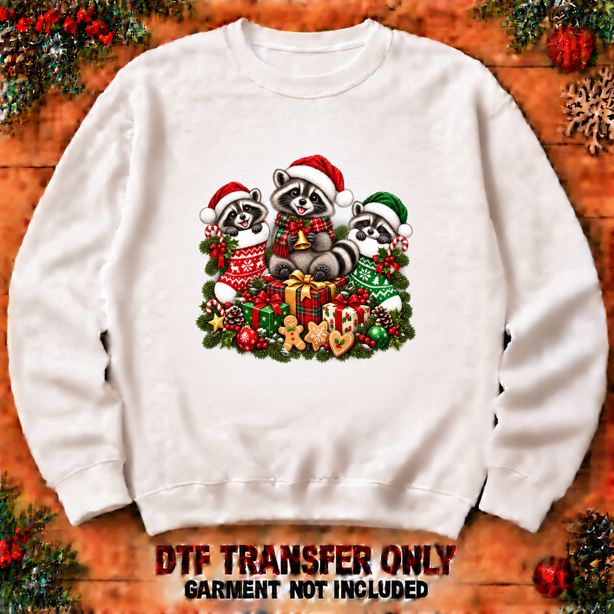 Christmas raccoon family DTF transfer shown at 12-inch longest-side scale; garment not included