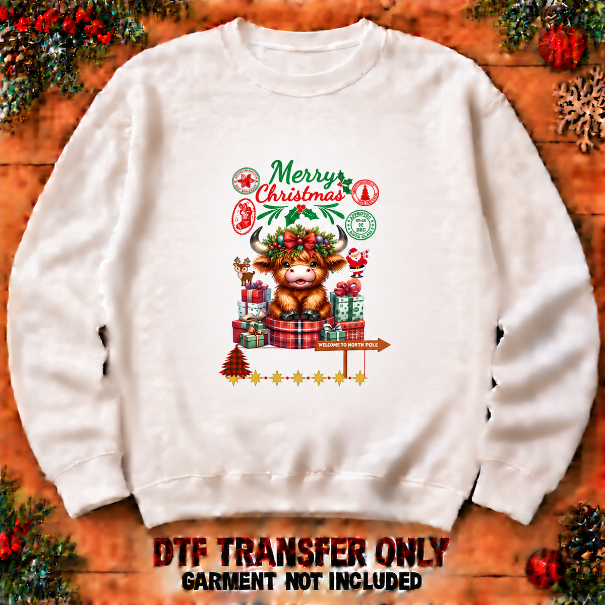 Christmas calf postage-style DTF transfer shown at 12-inch longest-side scale; garment not included
