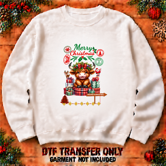 Christmas calf postage-style DTF transfer shown at 12-inch longest-side scale; garment not included