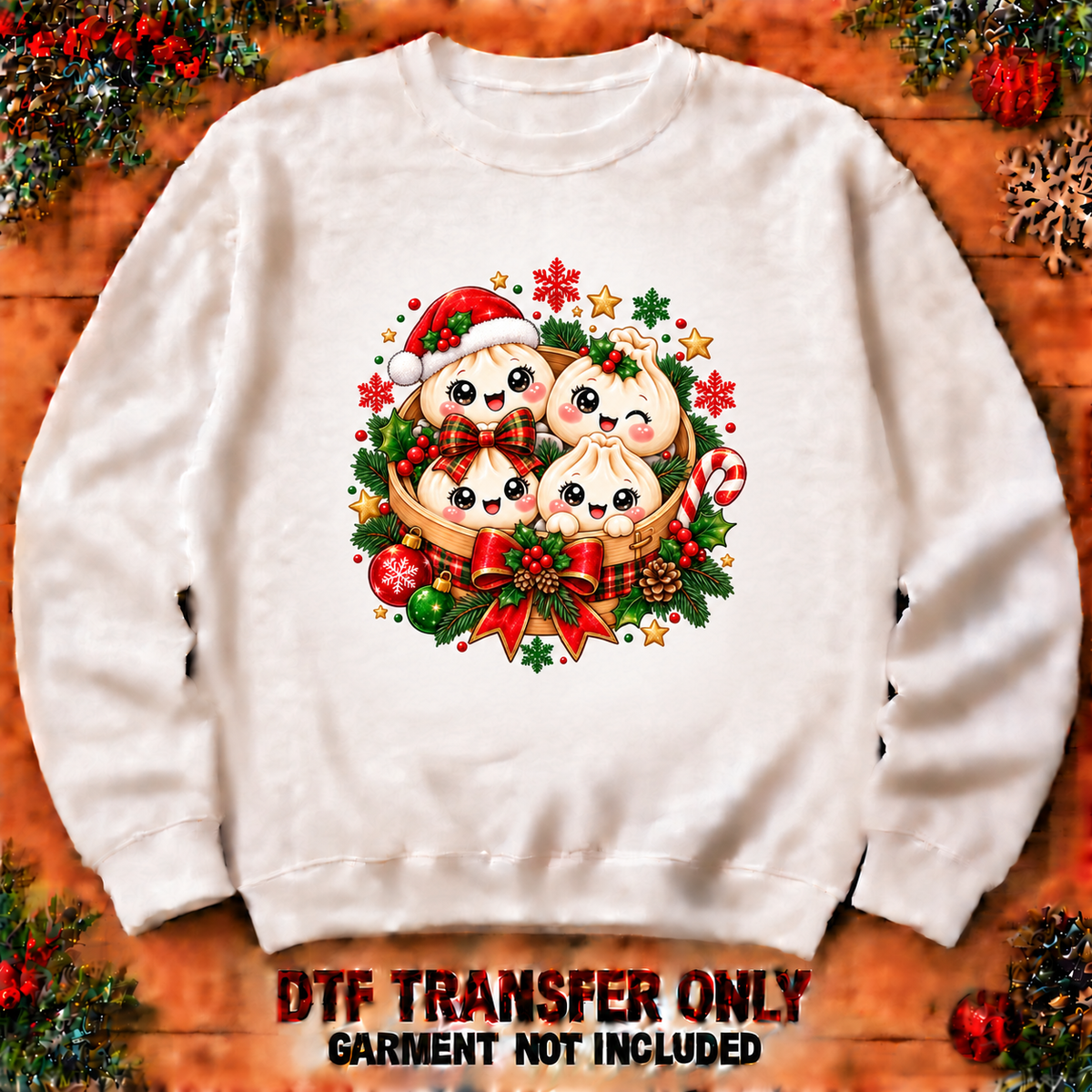 Four Christmas dumplings in a steamer DTF transfer shown at 12-inch longest-side scale; garment not included