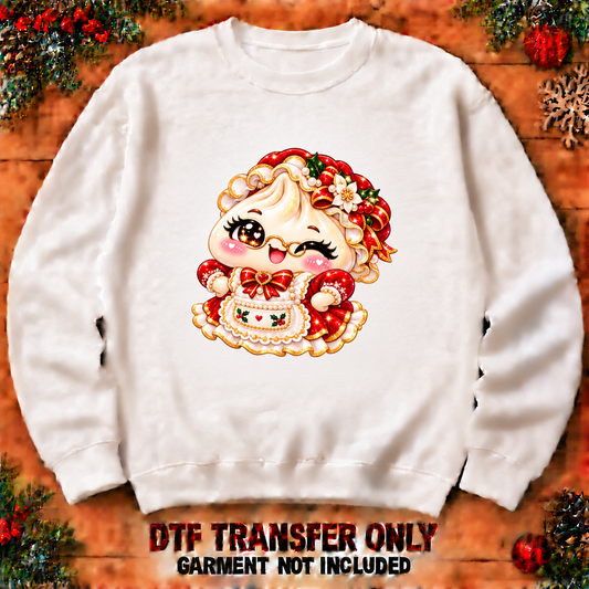 Mrs Claus-inspired Christmas dumpling DTF transfer shown at 12-inch longest-side scale; garment not included