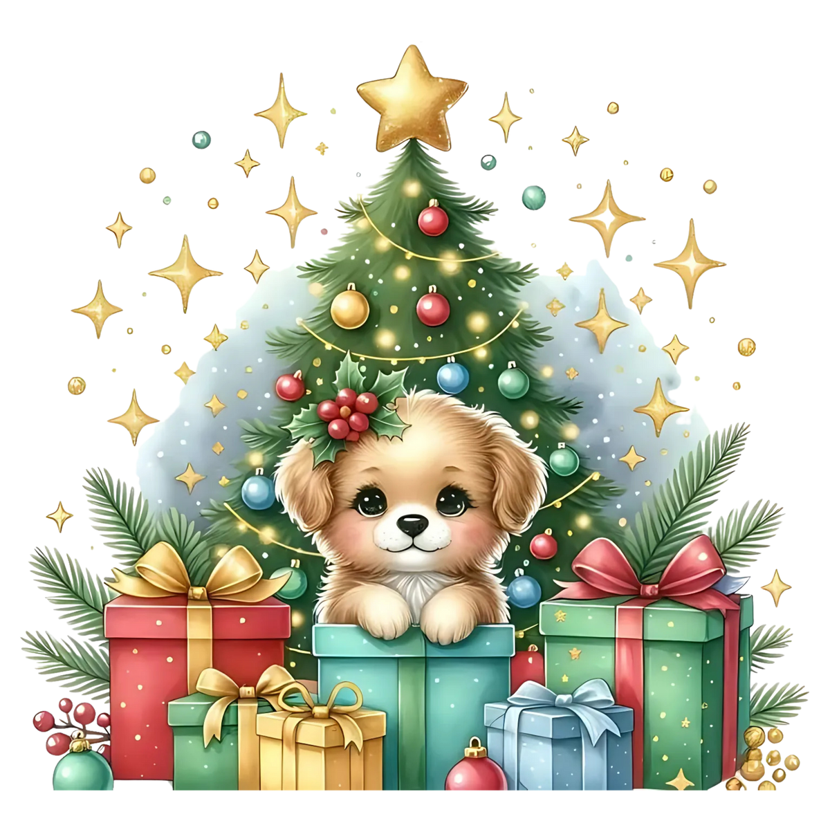 Cute Christmas puppy with gifts DTF transfer, pattern XMAS1510-6