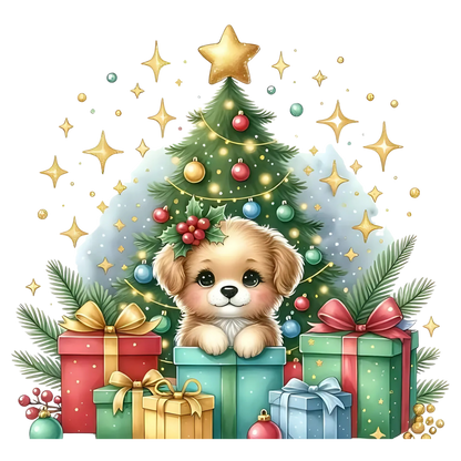 Cute Christmas puppy with gifts DTF transfer, pattern XMAS1510-6