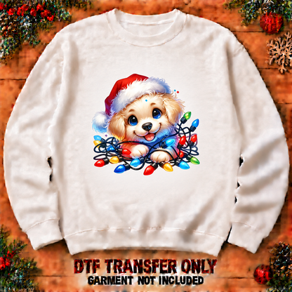 Christmas puppy with colorful lights DTF transfer shown at 12-inch longest-side scale; garment not included