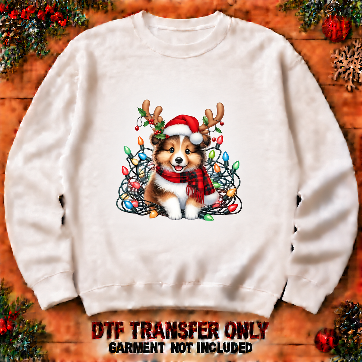 Christmas corgi with antlers and lights DTF transfer shown at 12-inch longest-side scale; garment not included