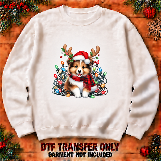 Christmas corgi with antlers and lights DTF transfer shown at 12-inch longest-side scale; garment not included