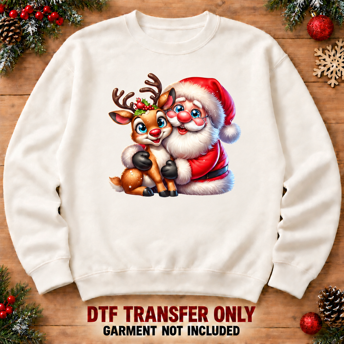 Santa hugging a reindeer DTF transfer on cream sweatshirt at 12-inch longest-side scale; garment not included