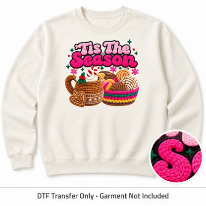 Christmas Concha & Cocoa Faux Yarn DTF Transfers shown on an ivory sweatshirt; garment not included