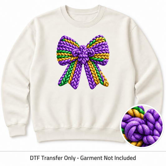 Mardi Gras Faux Yarn DTF Transfers shown on an ivory sweatshirt; garment not included