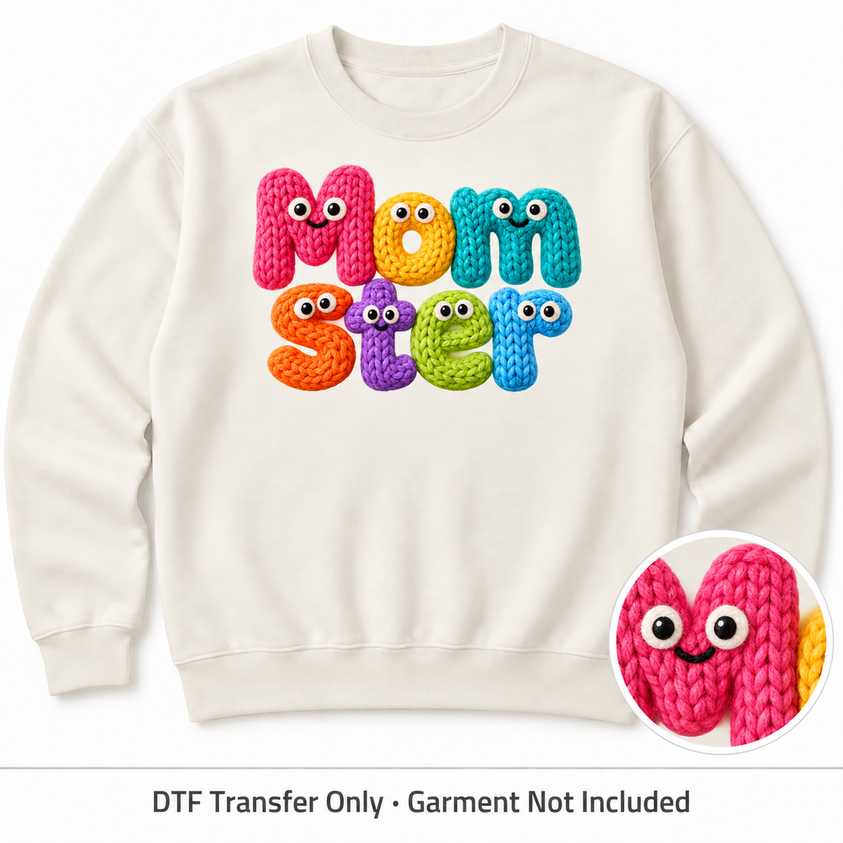 Halloween Faux Yarn DTF Transfers shown on an ivory sweatshirt; garment not included