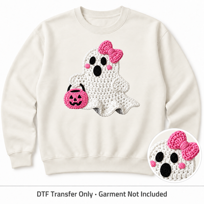 Halloween Crochet Ghost DTF Transfers shown on an ivory sweatshirt; garment not included