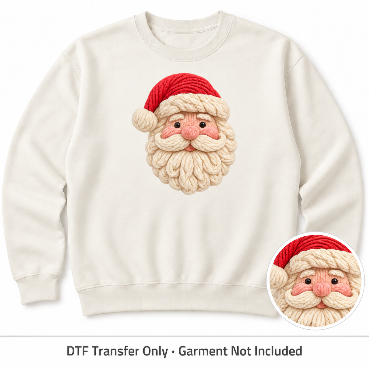 Christmas Crochet Animals & Santa DTF Transfers shown on an ivory sweatshirt; garment not included