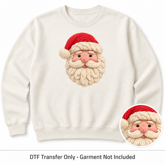 Christmas Crochet Animals & Santa DTF Transfers shown on an ivory sweatshirt; garment not included