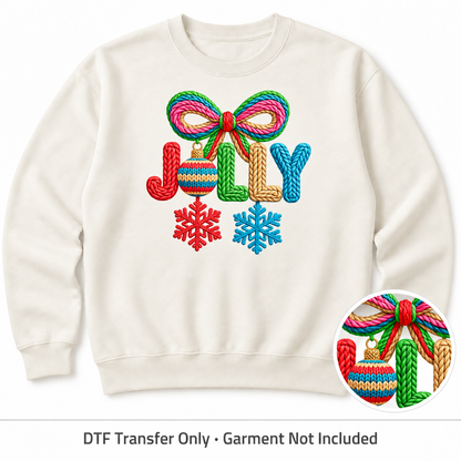 Christmas Faux Yarn Lettering & Bow DTF Transfers shown on an ivory sweatshirt; garment not included
