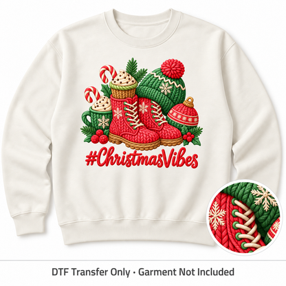 Christmas Boots, Cocoa & Decor Faux Yarn DTF Transfers shown on an ivory sweatshirt; garment not included