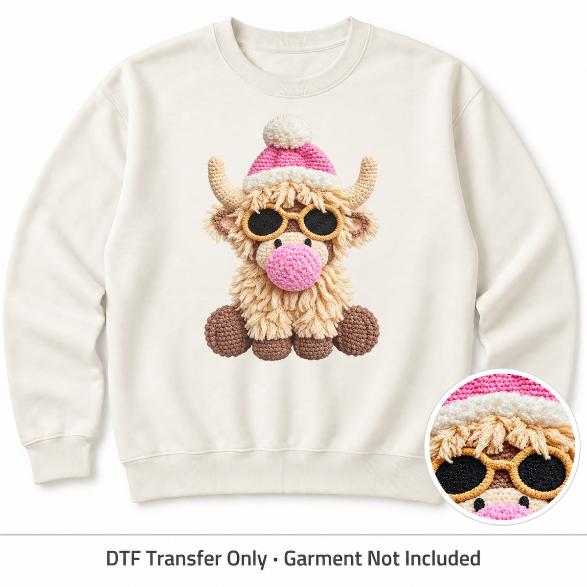 Winter Highland Cow Faux Yarn DTF Transfers shown on an ivory sweatshirt; garment not included