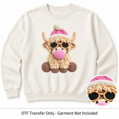 Winter Highland Cow Faux Yarn DTF Transfers shown on an ivory sweatshirt; garment not included
