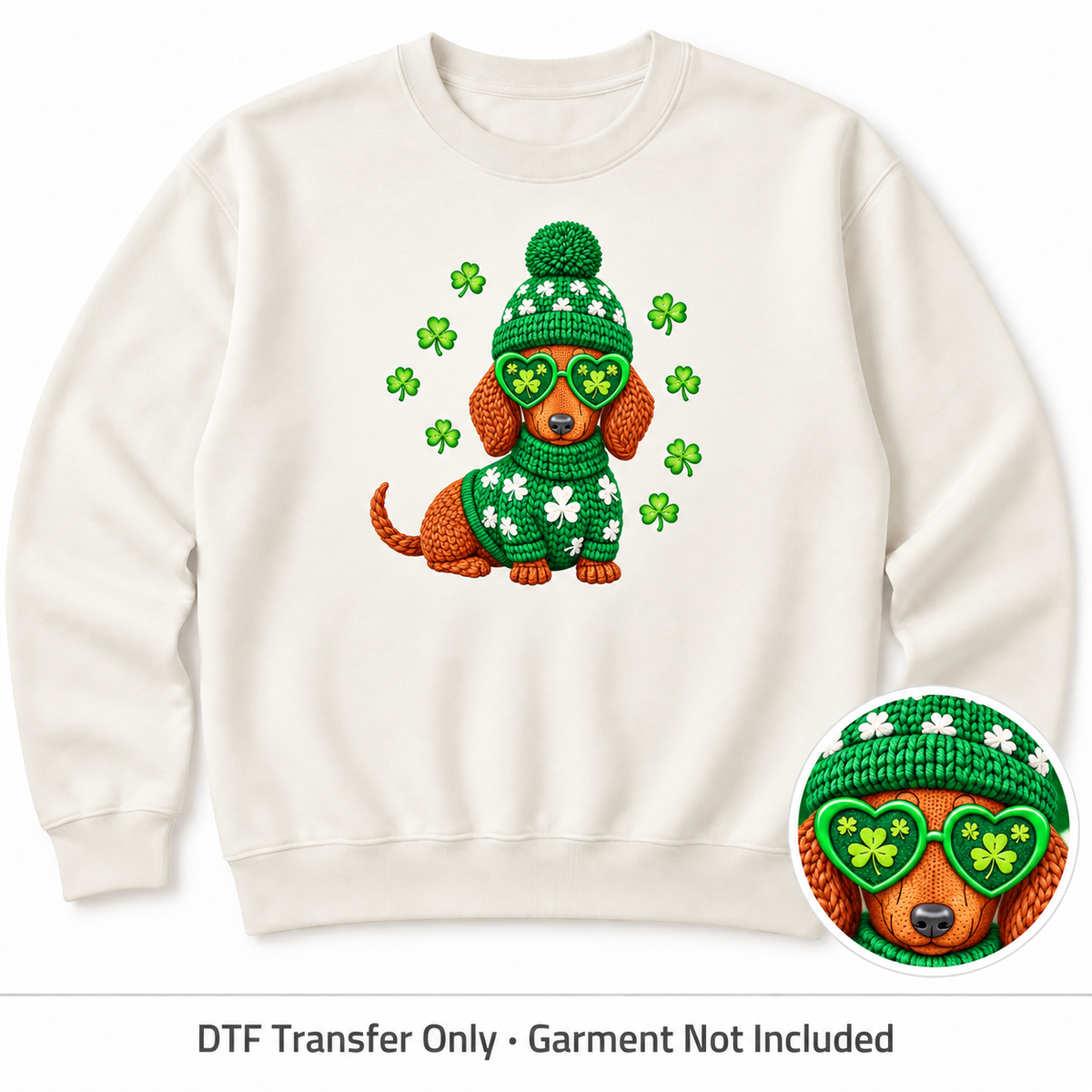 St. Patrick’s Day Faux Yarn DTF Transfers shown on an ivory sweatshirt; garment not included