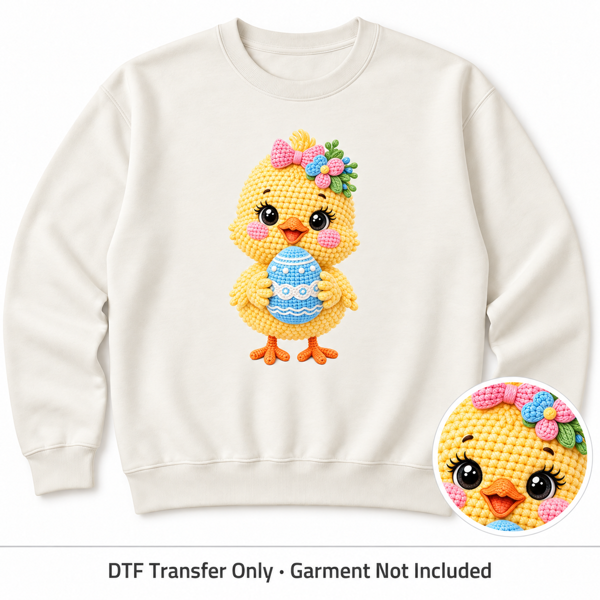 Easter Bunny, Egg & Bow Faux Yarn DTF Transfers shown on an ivory sweatshirt; garment not included