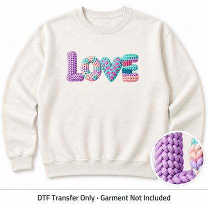 Valentine’s Day Faux Yarn DTF Transfers shown on an ivory sweatshirt; garment not included