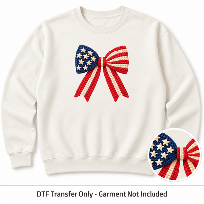 Patriotic Red, White & Blue Bow Faux Yarn DTF Transfers shown on an ivory sweatshirt; garment not included