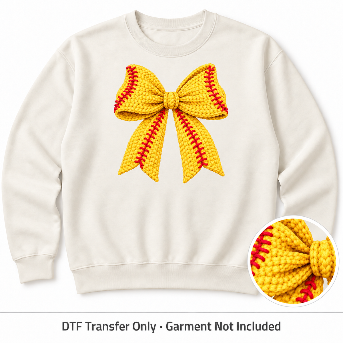 Softball Bow Faux Yarn DTF Transfer shown on an ivory sweatshirt; garment not included