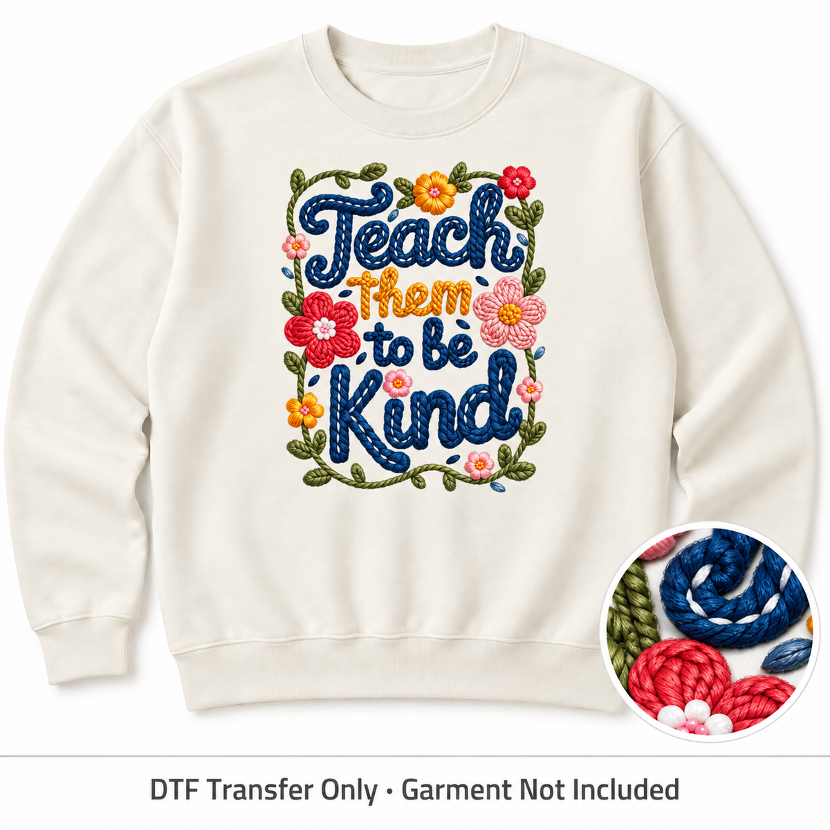 Teacher Kindness & Coffee Faux Yarn DTF Transfers shown on an ivory sweatshirt; garment not included