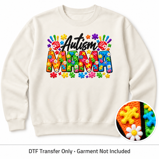 Autism Awareness Mama Faux Yarn DTF Transfer shown on an ivory sweatshirt; garment not included
