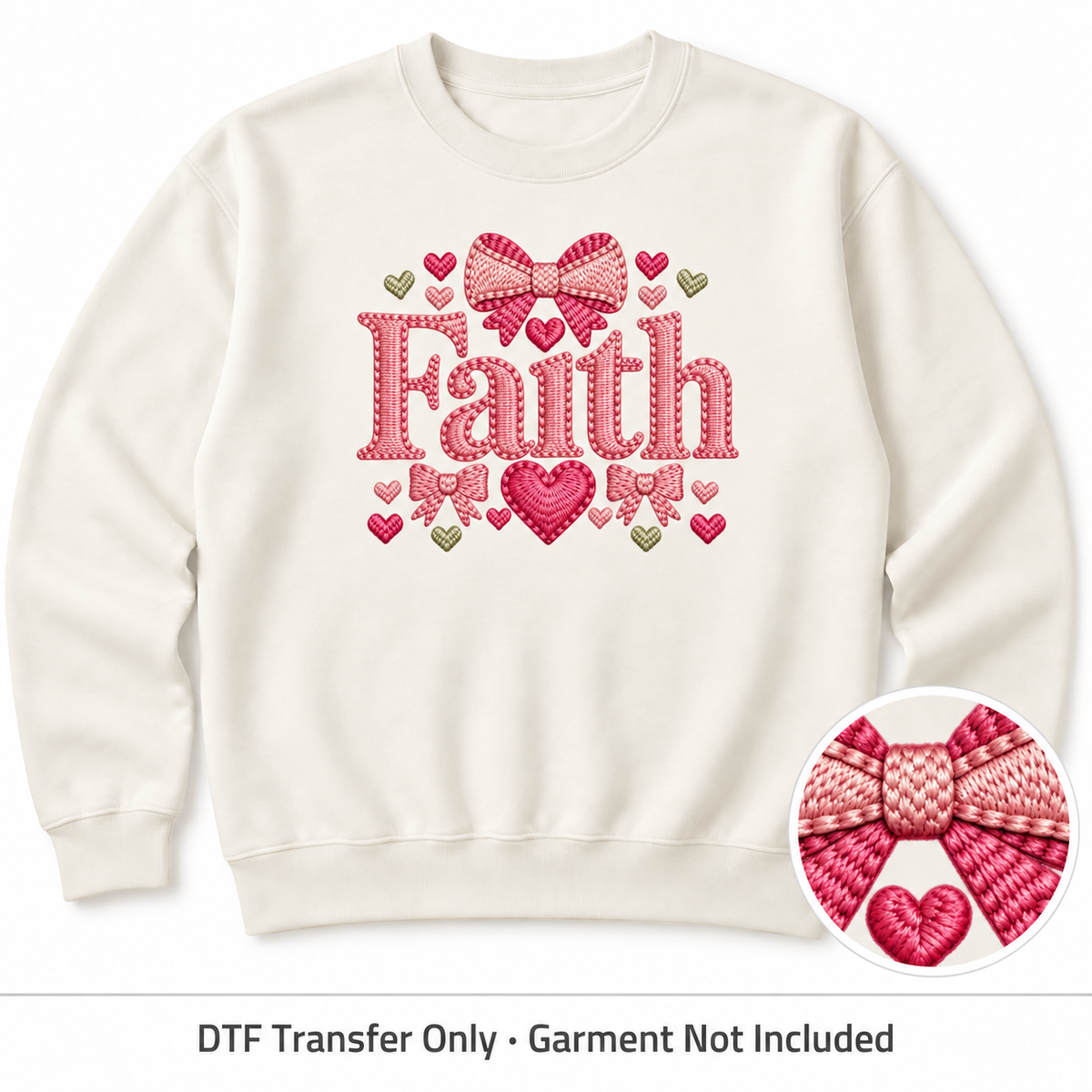 Faith Heart Faux Yarn DTF Transfer shown on an ivory sweatshirt; garment not included