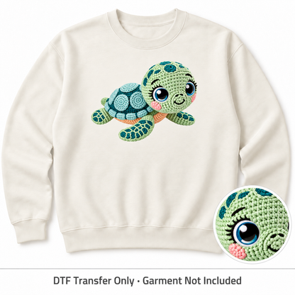 Sea Turtle Faux Crochet DTF Transfer shown on an ivory sweatshirt; garment not included