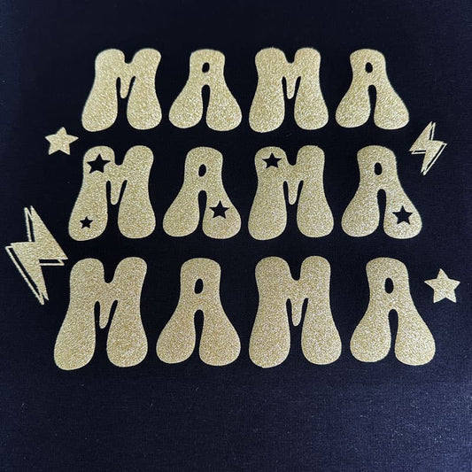 This black fabric features a playful print of the word "MAMA" in bold, fluffy white letters, accented with stars and lightning bolts.DTF Transfers puff