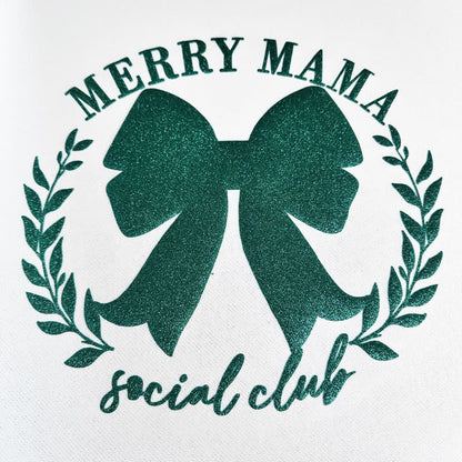 This festive black fabric features a glittery pink bow and the playful text "MERRY MAMA social club," perfect for holiday cheer!DTF Transfers puff