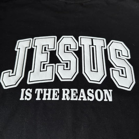 Classic ‘Jesus Is The Reason’ design in bold varsity lettering, perfect for faith-inspired apparel or heartfelt gifts.DTF Transfers puff