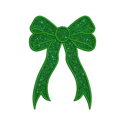 A festive Green/Red small glitter bow applique, perfect for adding a cheerful holiday touch to any garment or craft project.