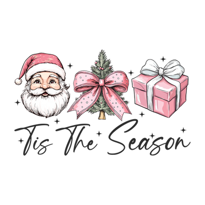 Celebrate the season with a festive design featuring Santa, a decorated Christmas tree, a gift, and cheerful lettering. heat press transfers