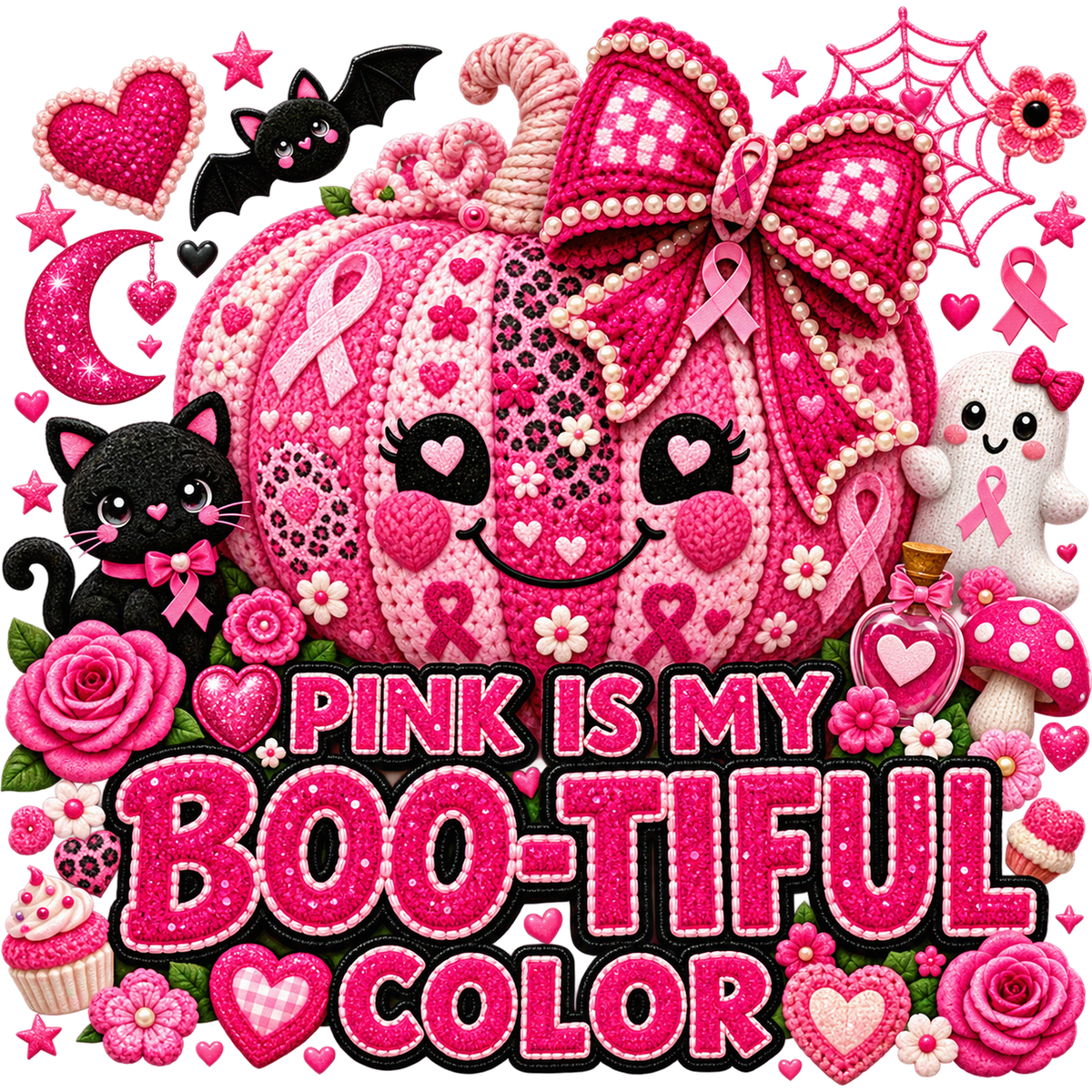 Pattern Y2-12 pink ribbon and faux crochet collection DTF transfer