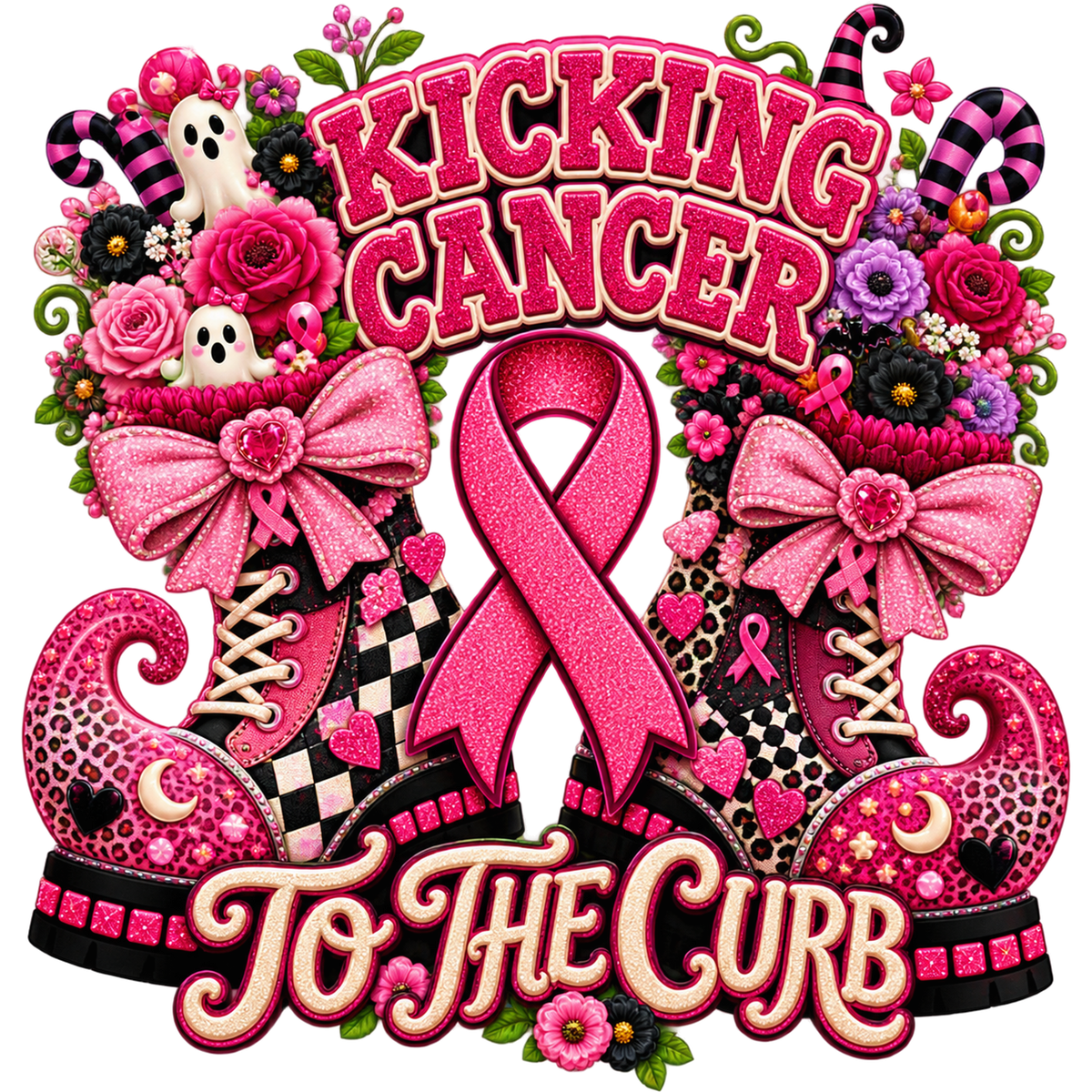 Pattern Y2-14 pink ribbon and faux crochet collection DTF transfer