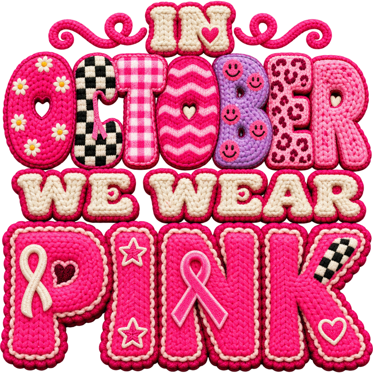 Pattern Y2-19 pink ribbon and faux crochet collection DTF transfer