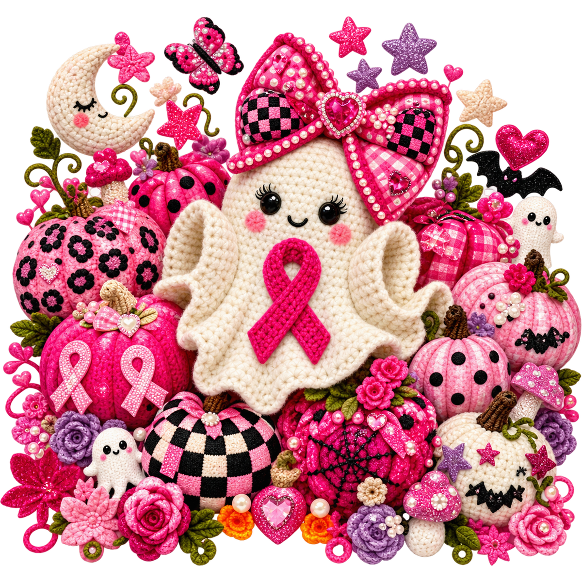 Pattern Y2-2 pink ribbon and faux crochet collection DTF transfer