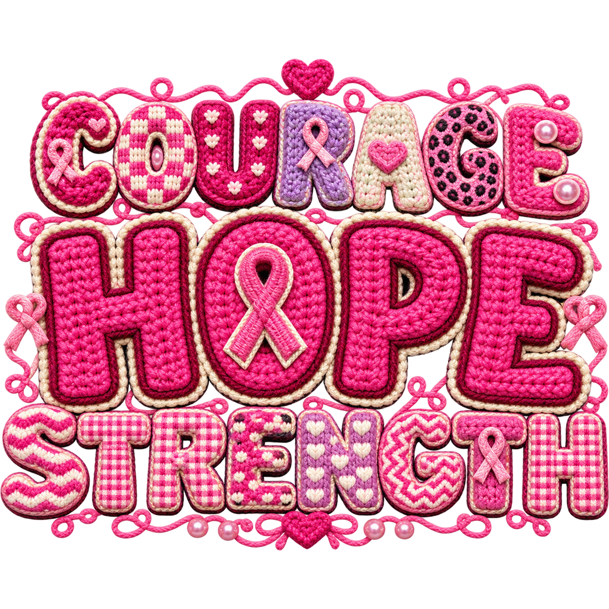 Pattern Y2-20 pink ribbon and faux crochet collection DTF transfer