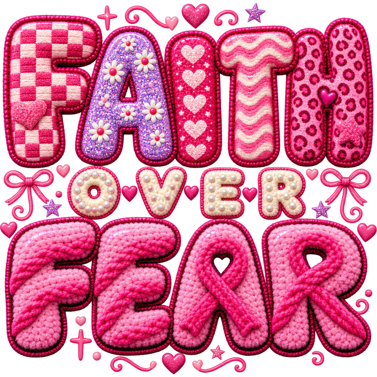Pattern Y2-23 pink ribbon and faux crochet collection DTF transfer
